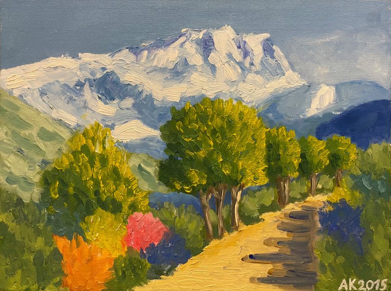Spring landscape, original oil painting, oil on canvas, mountains, garden - 壁貼/牆壁裝飾 - 其他材質 多色