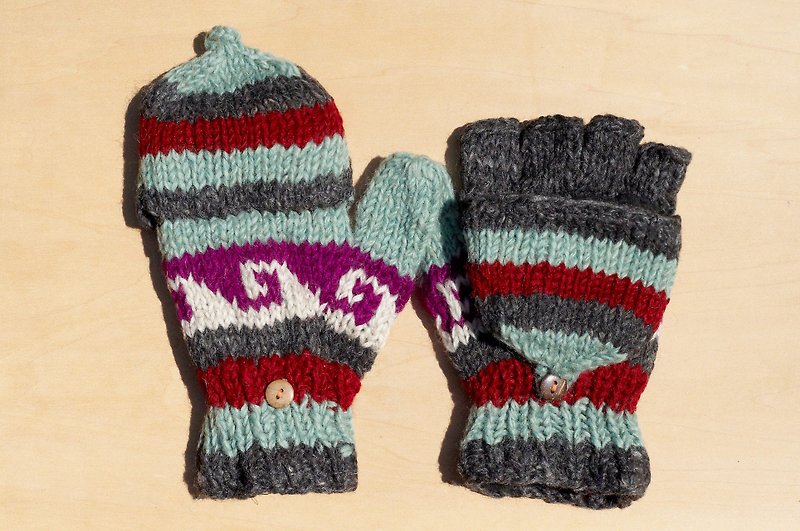 Valentine's Day gift ideas gift of a limited hand-woven pure wool knitted gloves / detachable gloves / bristles gloves / warm gloves (made in nepal) - grape purple and mint green geometric Totem Ocean - ถุงมือ - ขนแกะ หลากหลายสี