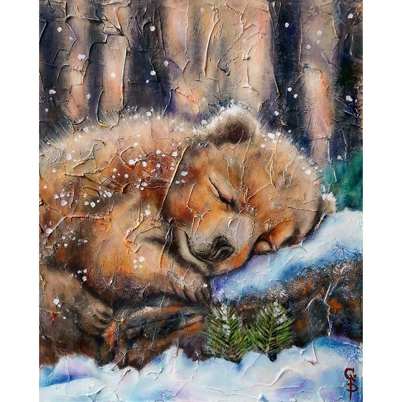 Bear Oil Painting Wild Animal Wall Art Winter dream Forest Home Decor Portrait - ตกแต่งผนัง - วัสดุอื่นๆ สีนำ้ตาล