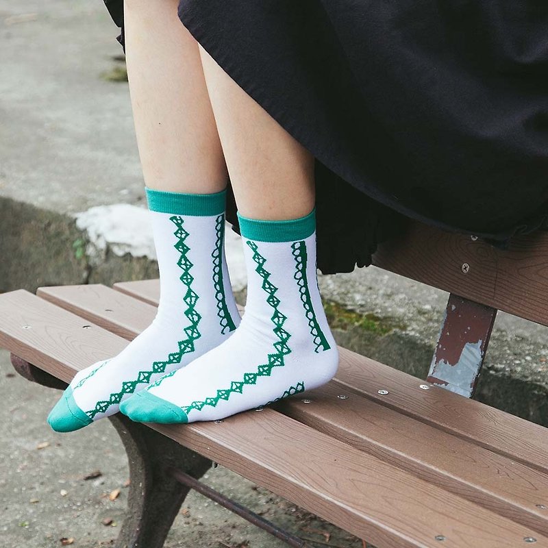 蘑菇MOGU/襪子/綠白花條/蘑菇襪(6) - 襪子 - 棉．麻 綠色