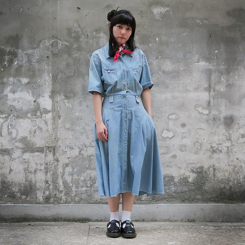 Vintage Japanese department short-sleeved denim dress - ชุดเดรส - ผ้าฝ้าย/ผ้าลินิน 