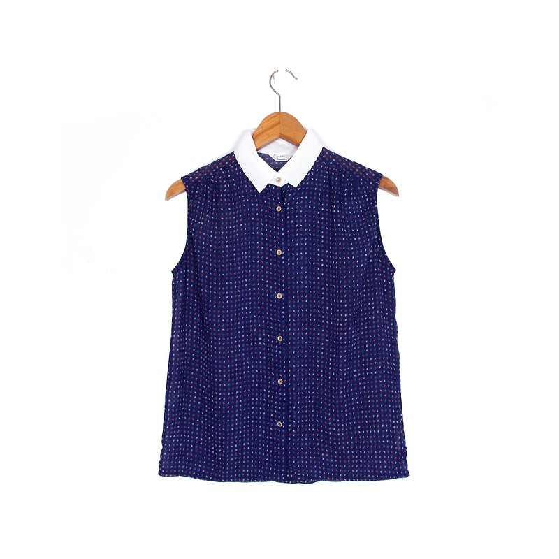 [Egg plant ancient] water blue time sleeveless printing ancient shirt - เสื้อเชิ้ตผู้หญิง - กระดาษ สีน้ำเงิน