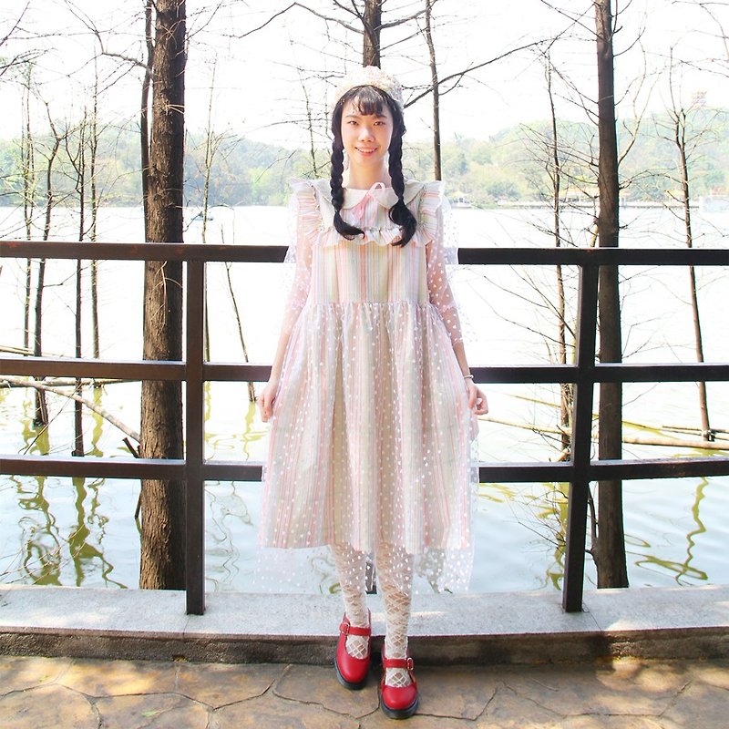 独立原创·服装系列 梦幻纱彩虹童话洋装 - 連身裙 - 其他材質 粉紅色