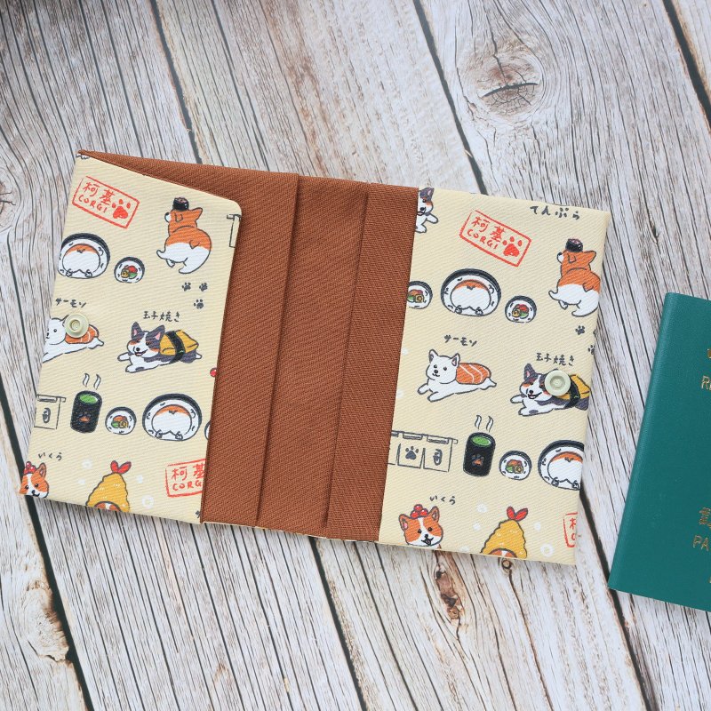 [Corgi Eats Sushi] Passport Case Passport Holder Passport Bag - ที่เก็บพาสปอร์ต - ผ้าฝ้าย/ผ้าลินิน สีน้ำเงิน