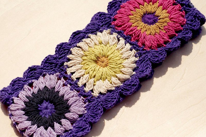 Hand-woven cotton hair band / braid colorful ribbon - purple colorful crocheted flowers (a handmade limited edition) - เครื่องประดับผม - วัสดุอื่นๆ หลากหลายสี