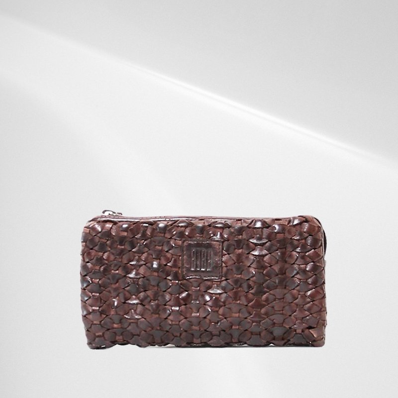[Spain BIBA] Claire woven cowhide zipper long clip Brown coffee - Wallets - Genuine Leather Brown
