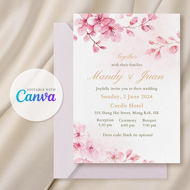 [Electronic Wedding Invitations] [Canva Applicable] Pink Watercolor Cherry Blossom Wedding Invitations - Wedding Invitations - Other Materials Pink