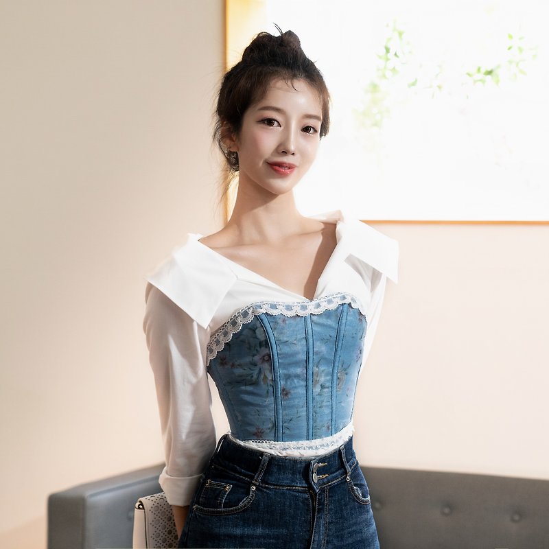 Romantic Denim Corset Bustier with Lace - Women's Tops - Other Materials Blue
