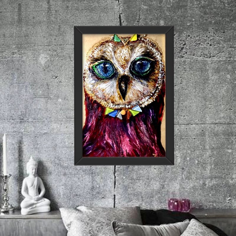 Red Owl painting,full of colors,stained glass wall art with mosaic decoration,ho - 壁貼/牆壁裝飾 - 玻璃 紅色