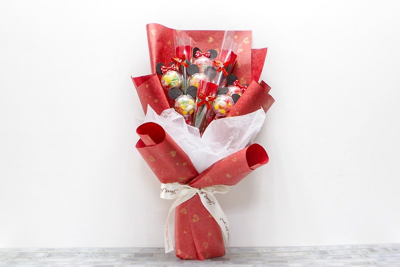 Childlike Candy Bouquet (6 Mickey Minnie Regen Candies + 3 Soap Flowers) Red Packaging MI003 - ช่อดอกไม้แห้ง - อาหารสด สีแดง