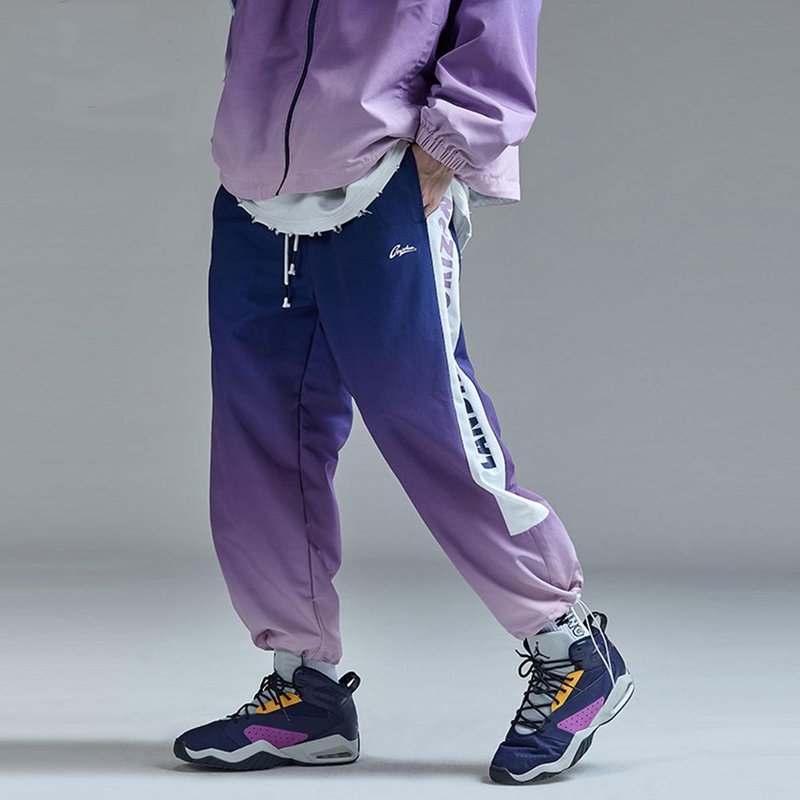 男女同款漸變紫色抽繩情侶嘻哈側邊串標校服束腳褲 - 男長褲/休閒褲 - 其他材質 