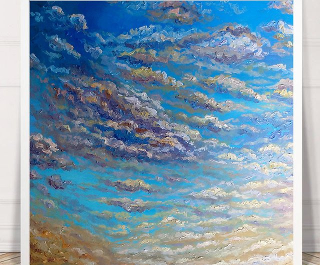 夕日の油絵、雲空のオリジナルアートワーク、カラフルな雲の絵