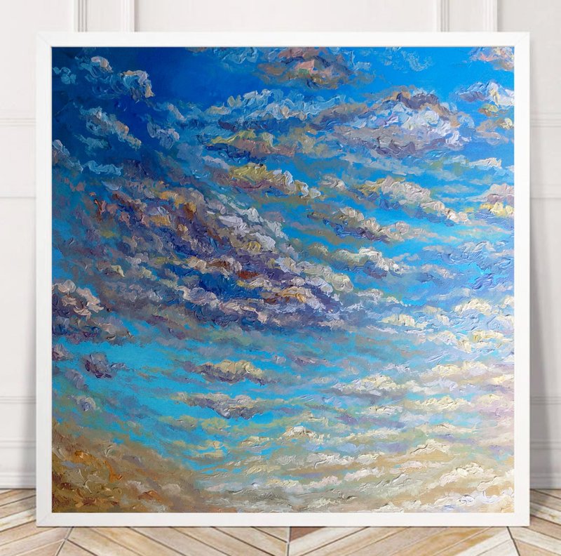 Sunset oil painting,Clouds sky original artwork,Colorful clouds painting - Wall Décor - Wood Blue