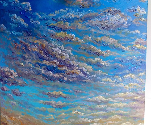 夕日の油絵、雲空のオリジナルアートワーク、カラフルな雲の絵 