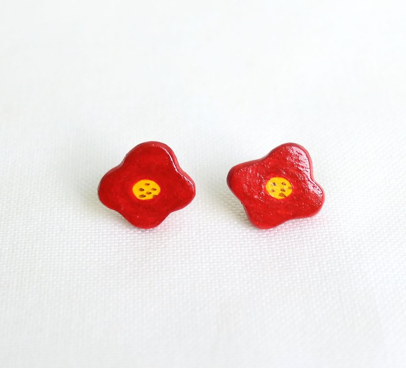 Clay Earrings & Clip-ons Red - Red poached egg flower earrings/pink/changeable Clip-On/exchange gifts