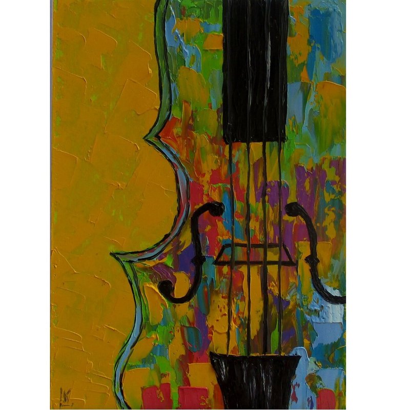 Original Painting Violin Oil Musical Artwork Music Instrument Art Modern - ตกแต่งผนัง - วัสดุอื่นๆ 