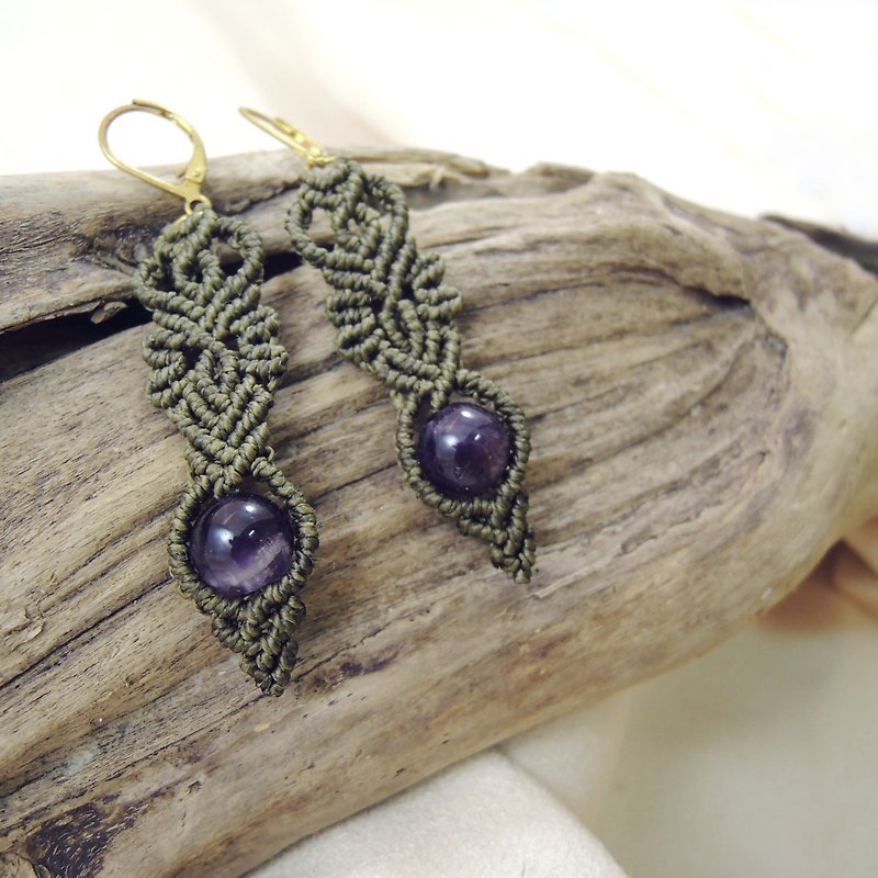 Simple and gorgeous / natural stone x Brazilian silk Wax thread earrings - ต่างหู - เครื่องเพชรพลอย สีม่วง