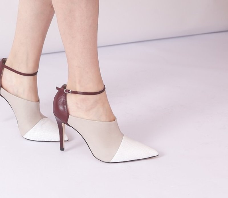 Hit color stitching leather tip leather fine high heels white apricot red - High Heels - Genuine Leather Khaki