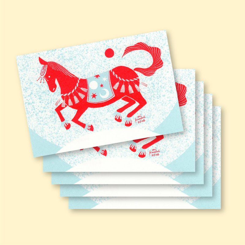 2026年　馬イラスト年賀状【5枚セット】 - はがき・メッセージカード - 紙 レッド
