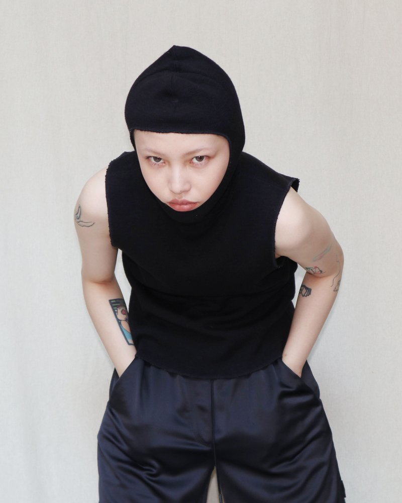 Pumpkin Vintage. Engineered Garments FWK Black Hooded Knit Tank Top - เสื้อกั๊กผู้หญิง - ขนแกะ สีดำ