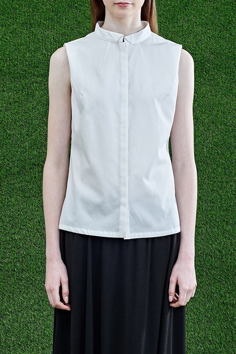 White sleeveless shirt - เสื้อเชิ้ตผู้หญิง - ผ้าฝ้าย/ผ้าลินิน ขาว