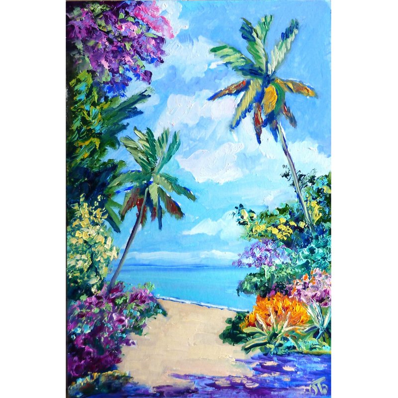 山水画, tropical oil painting, original wall art, palm trees painting, seaside art - 海報/掛畫/掛布 - 棉．麻 多色