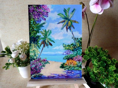 南国　ヤシの木　原画　オリジナル　トロピカル　手描き　油絵 世界有名な 南国 ヤシの木 油絵 手描き トロピカル オリジナル