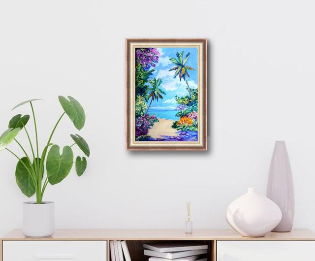 山水画、トロピカル油絵、オリジナルの壁アート、ヤシの木の絵