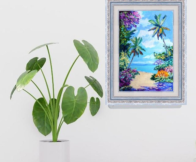 南国 ヤシの木 原画 オリジナル トロピカル 手描き 油絵 山水画、トロピカル油絵、オリジナルの壁アート、ヤシの木の絵