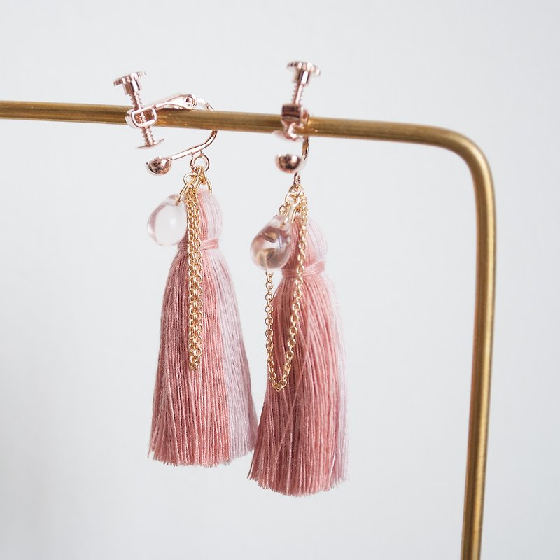 ティータイム暖色フル房の耳のクリップイヤーフック純粋な手作りのタッセル - ピアス・イヤリング - その他の素材 ピンク