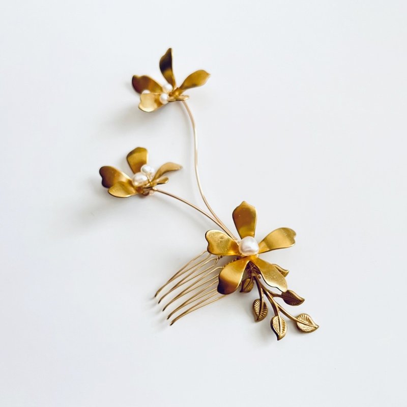 Slim Flower Hair Comb - เครื่องประดับผม - ทองแดงทองเหลือง สีทอง