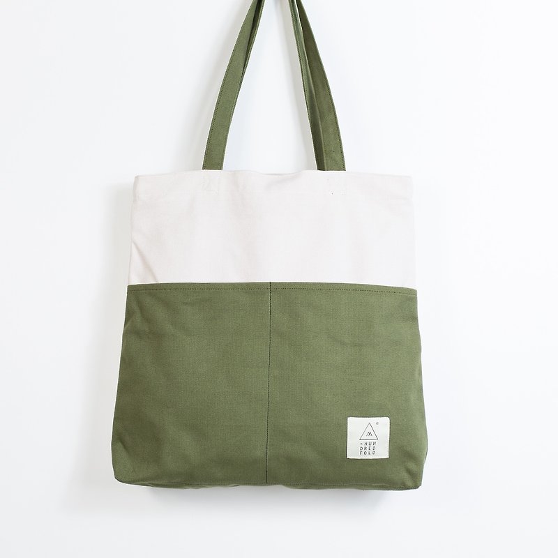 COTTON BAG: Traveller Basic Backpack - Oatmeal & Olive - กระเป๋าถือ - ผ้าฝ้าย/ผ้าลินิน 