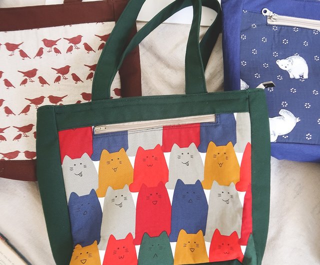 Hand made tote bag row row station cat tote bag work bag school