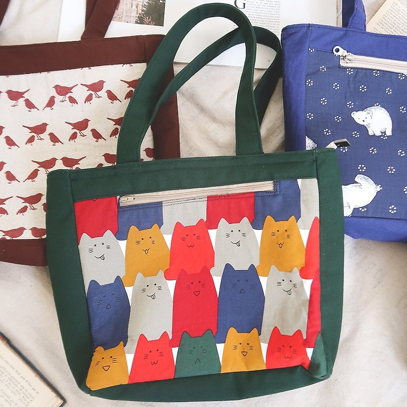 Hand-made tote bag row row station cat tote bag work bag school bag side backpack slanted shoulder bag - กระเป๋าถือ - ผ้าฝ้าย/ผ้าลินิน สีเขียว