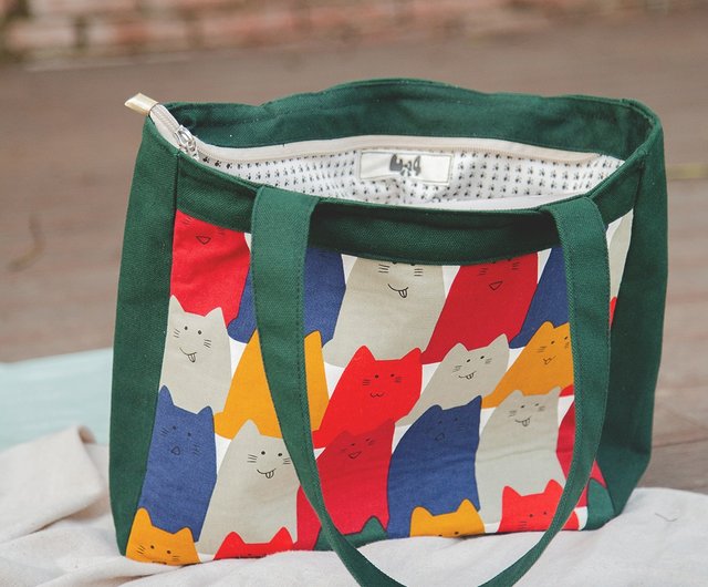 Hand made tote bag row row station cat tote bag work bag school