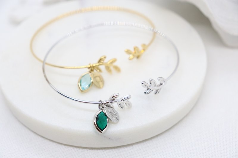 Laurel Leaves Small Droplet Birthstone & Letter Bracelet Circular Leaf Bangle - 手鍊/手環 - 銅/黃銅 銀色
