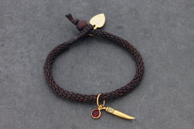 Woven Charm Bracelets Antique Gold Horn Charm Crystal Birthstone Personalize - สร้อยข้อมือ - ผ้าฝ้าย/ผ้าลินิน สีนำ้ตาล