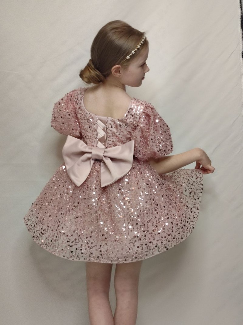 pink satin flower girl short dress with sequin netting for wedding, birthday - Kids' Dresses - Other Materials Multicolor