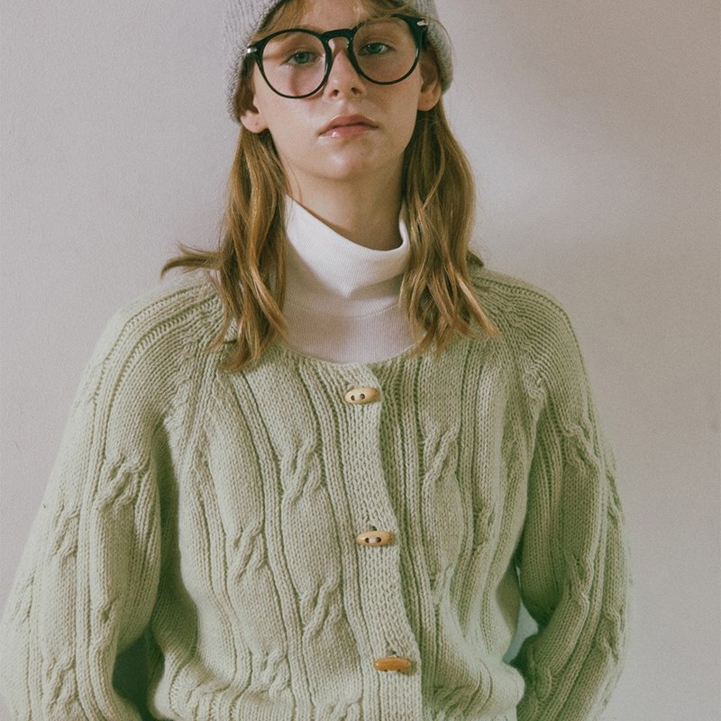 Vintage Cable Wool Knit Cardigan_Light Green - สเวตเตอร์ผู้หญิง - ขนแกะ สีเขียว