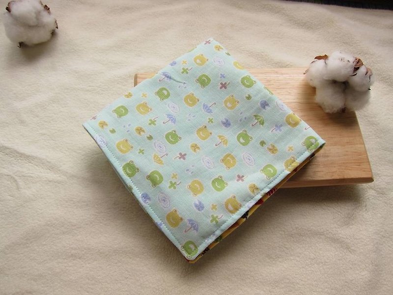 日本の綿ガーゼハンカチ - 小さなカエル（アップルグリーンダブル糸） - スタイ - コットン・麻 ホワイト
