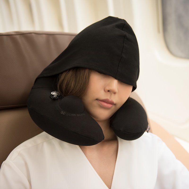 Inflatable 3D Neck Pillow with Patented Pump and Foldable Hood - Neck & Travel Pillows - Polyester Black