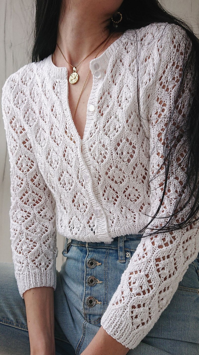 French cardigan Crop sweater jacket White long sleeve top for women Knit blouse - เสื้อผู้หญิง - ผ้าฝ้าย/ผ้าลินิน 
