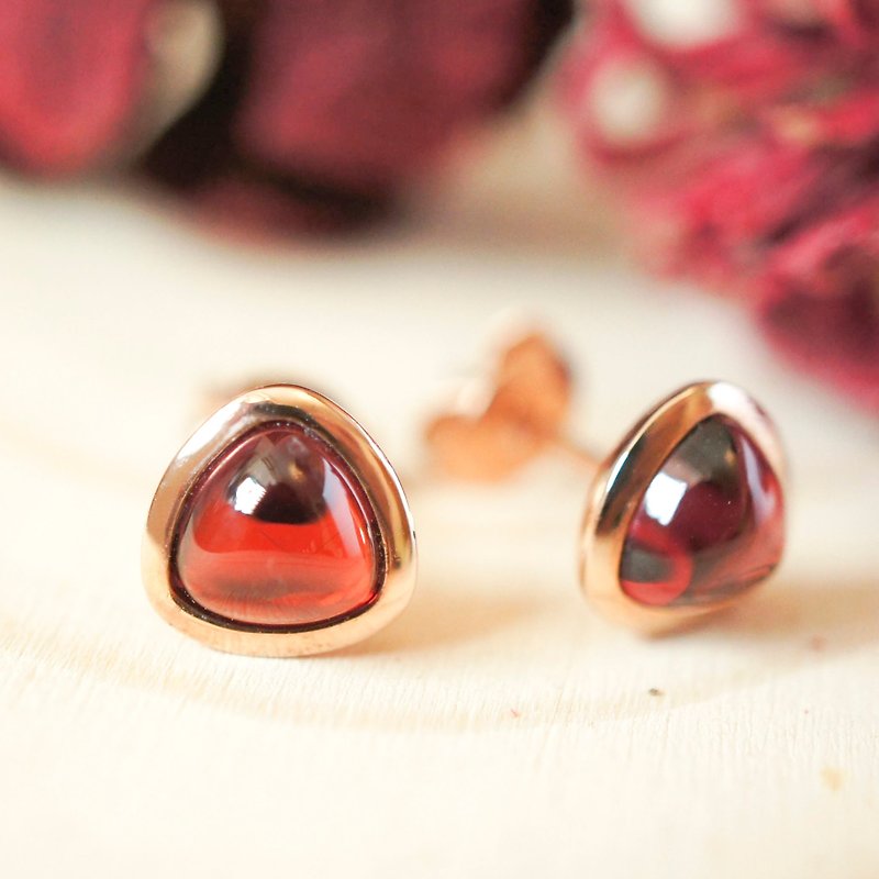 LITTLE TRILLION CANDY - 6mm Trillion Cabochon Garnet 18K Rose Gold Plated Silver Earring Stud - Earrings & Clip-ons - Gemstone Red