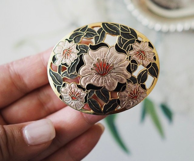 1980年英国製七宝焼きピンク柄メタルブローチ - ショップ shroom