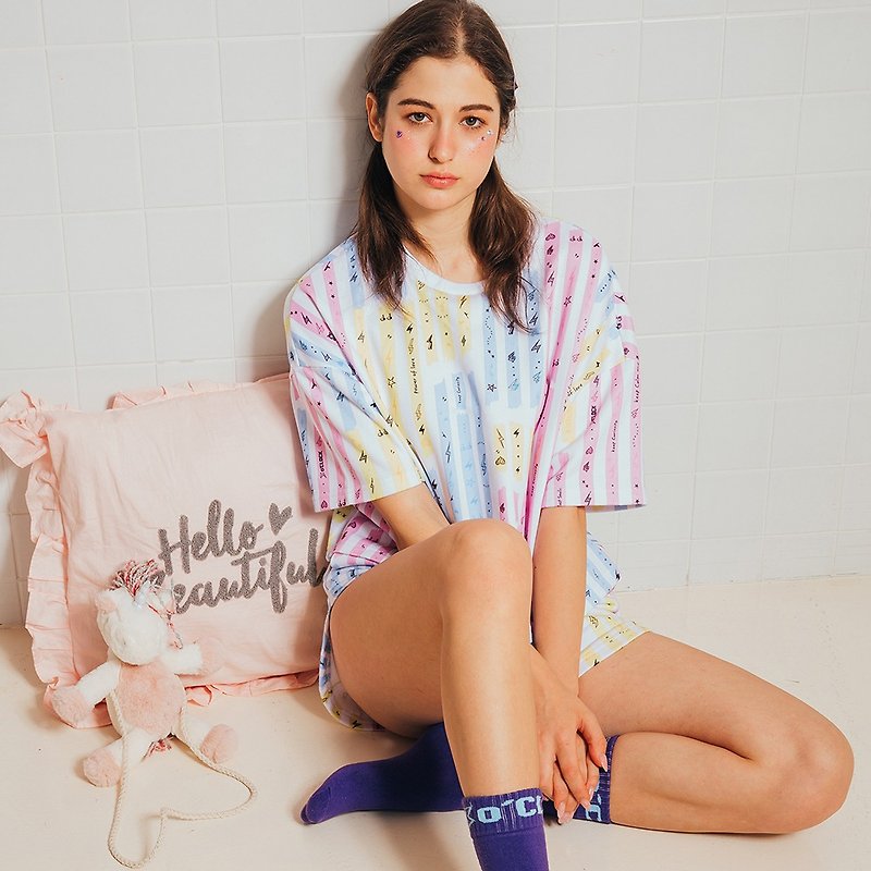 Electric Candy Tape Short Sleeve Pajama Set / Pastel - ชุดนอน/ชุดอยู่บ้าน - ผ้าฝ้าย/ผ้าลินิน หลากหลายสี