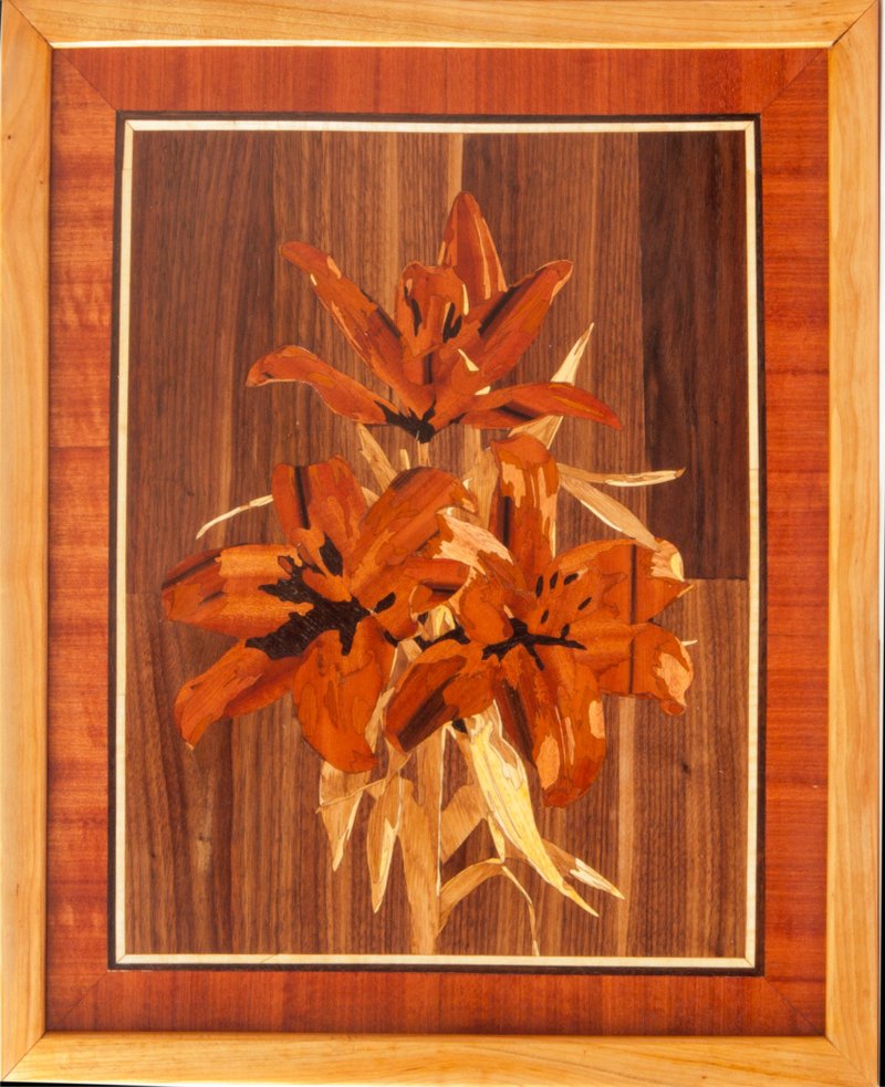 Lilies flowers wood mosaic framed panel floral design eco gift inlay wall - 壁貼/牆壁裝飾 - 木頭 橘色