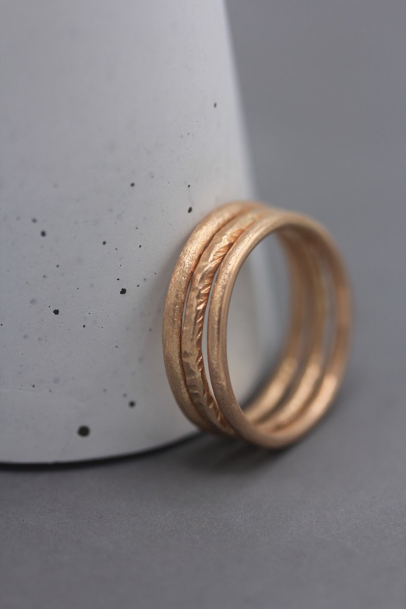 Handmade silver rings in rose gold finish with plain&hammered surface (STR7) - General Rings - Silver Silver