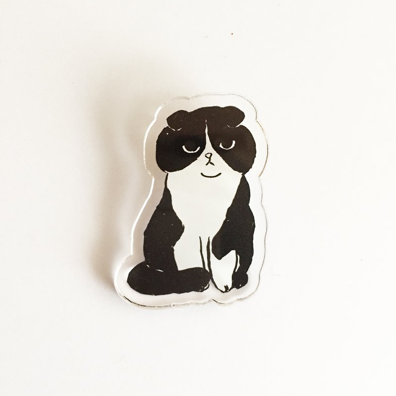 Black and white cat (Scottish fold) acrylic brooch - Brooches - Acrylic White