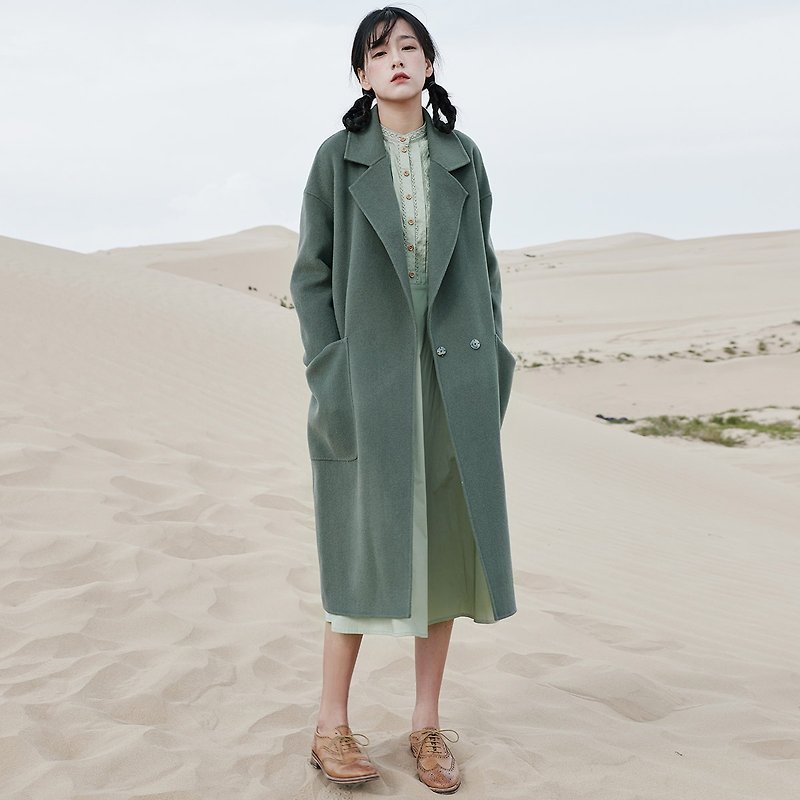 [full price] Anne Chen 2017 winter new women's solid color large lapel long double-sided coat - Women's Casual & Functional Jackets - Wool Green