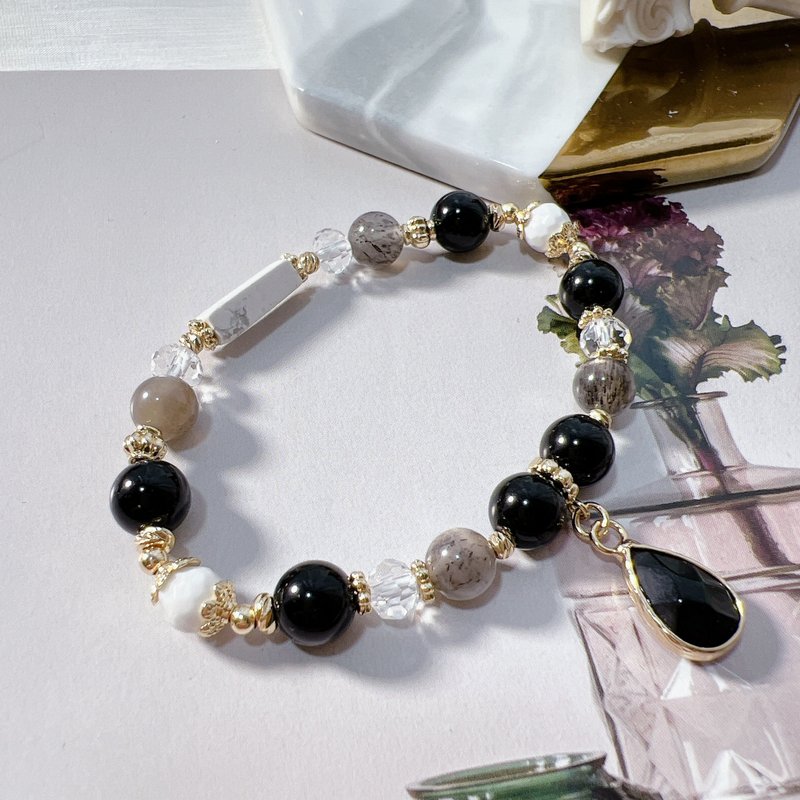 ホワイトターコイズ | ブラックリモナイトクォーツ | ブラックアゲート | 邪気払い | 負のエネルギーの排除 - ブレスレット - クリスタル 
